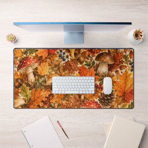 Autumn Forest Mushroom Pattern Cosy Fall Leaves Desk Mat