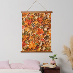 Autumn Forest Mushroom Pattern Cosy Fall Leaves Hanging Tapestry