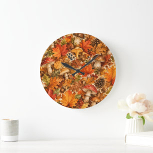 Autumn Forest Mushroom Pattern Cosy Fall Leaves Large Clock