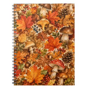 Autumn Forest Mushroom Pattern Cosy Fall Leaves Notebook
