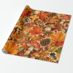 Autumn Forest Mushroom Pattern Cosy Fall Leaves Wrapping Paper
