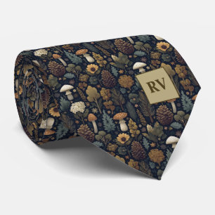 Autumn Forest Mushroom Pinecone Monogram Tie