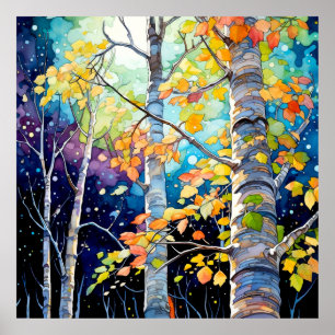 Autumn Forest Night Painting Poster