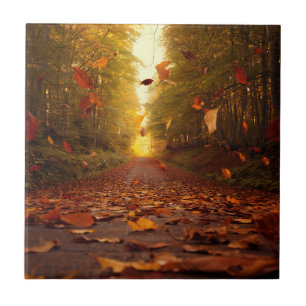 Autumn Forest Path Falling Leaves Ceramic Tile