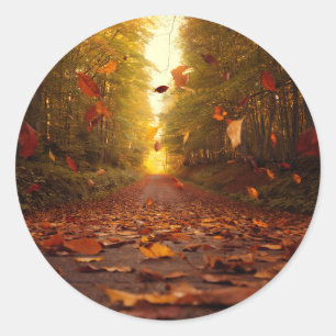 Autumn Forest Path Falling Leaves Classic Round Sticker