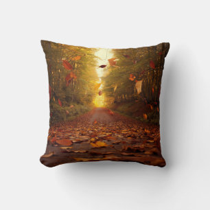 Autumn Forest Path Falling Leaves Cushion