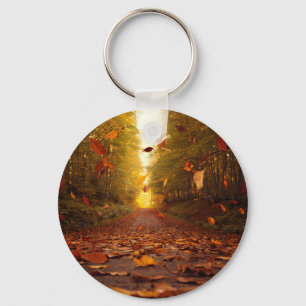Autumn Forest Path Falling Leaves Key Ring