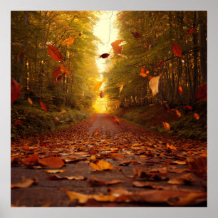 Autumn Forest Path Falling Leaves Poster