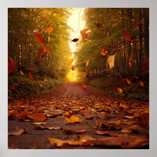 Autumn Forest Path Falling Leaves Poster (Front)