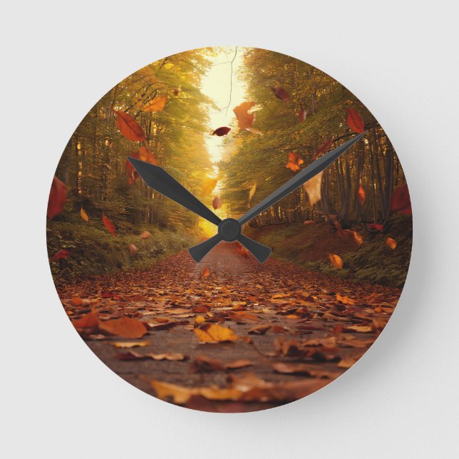 Autumn Forest Path Falling Leaves Round Clock (Front)