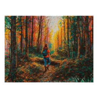 Autumn Forest Path Hiker Digital Art Landscape Poster