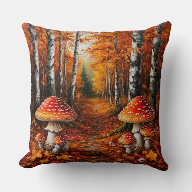Autumn Forest Path Surrounded by Birch Trees Cushion (Front)