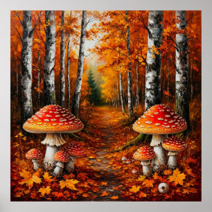 Autumn Forest Path Surrounded by Birch Trees Poster