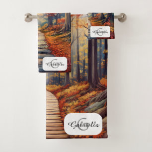 Autumn Forest Path with Name & Monogram Bath Towel Set