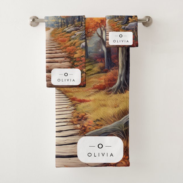Autumn Forest Path with Name & Monogram Bath Towel Set (Insitu)