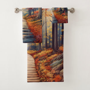 Autumn Forest Path with Vibrant Fall Foliage Bath Towel Set