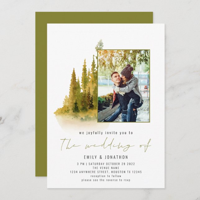 Autumn Forest Photo QR Code Olive Green Wedding Invitation (Front/Back)