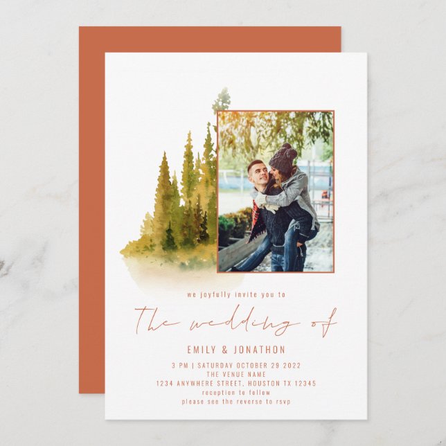 Autumn Forest Photo QR Code Terracotta Wedding Invitation (Front/Back)
