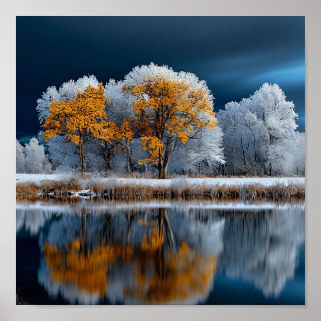 🍂 Autumn Forest Snowy Lake Winter Transition  Poster (Front)