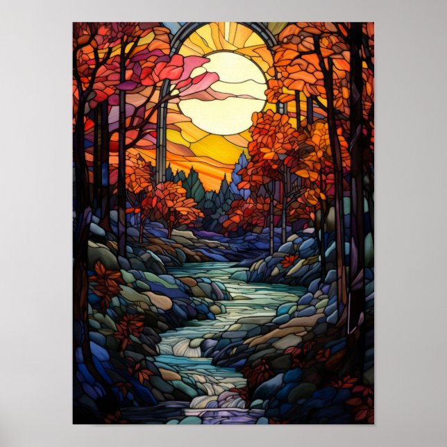 Autumn Forest Stained Glass with Mountain Stream Poster (Front)