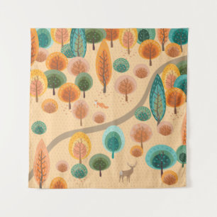 Autumn forest with abstract flat handdrawn trees a tapestry