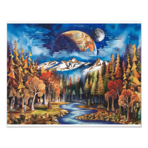 Autumn Forest with Majestic Earth and Moon Sky Photo Print