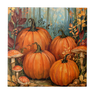 Autumn Forest with pumpkins and musrooms, Ceramic Tile
