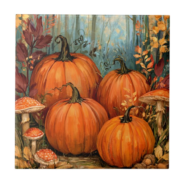 Autumn Forest with pumpkins and musrooms, Ceramic Tile (Front)