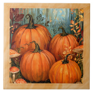 Autumn Forest with pumpkins and musrooms, framed, Ceramic Tile