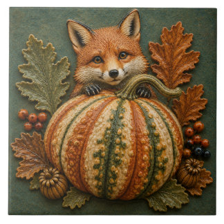 Autumn Fox and Pumpkin Woodland Harvest Ceramic Tile