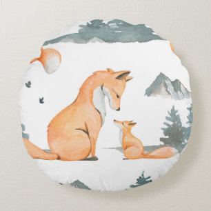 Autumn fox. Hand painted watercolor seamless patte Round Cushion