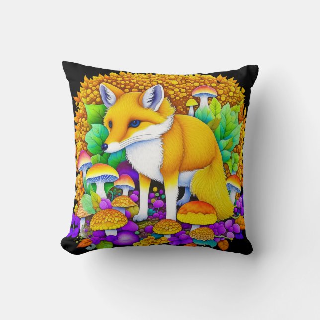 Autumn Fox in Mushrooms and Fall Leaves Cushion (Front)