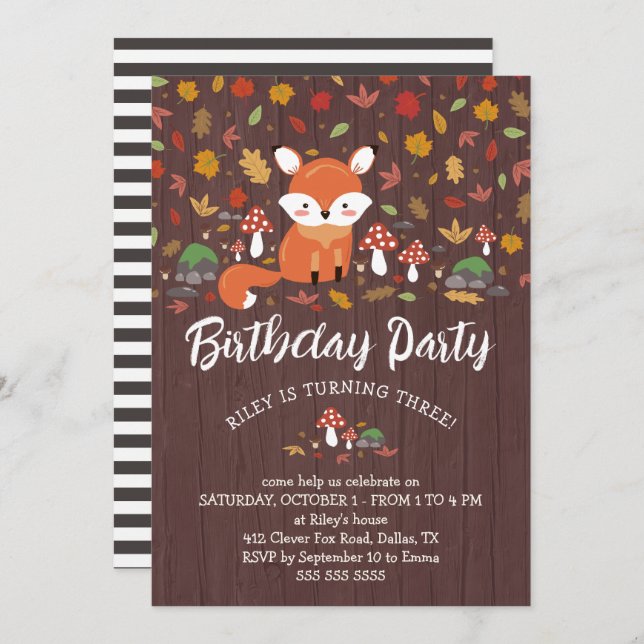 Autumn Fox Kids Woodland Birthday Party Invitation (Front/Back)
