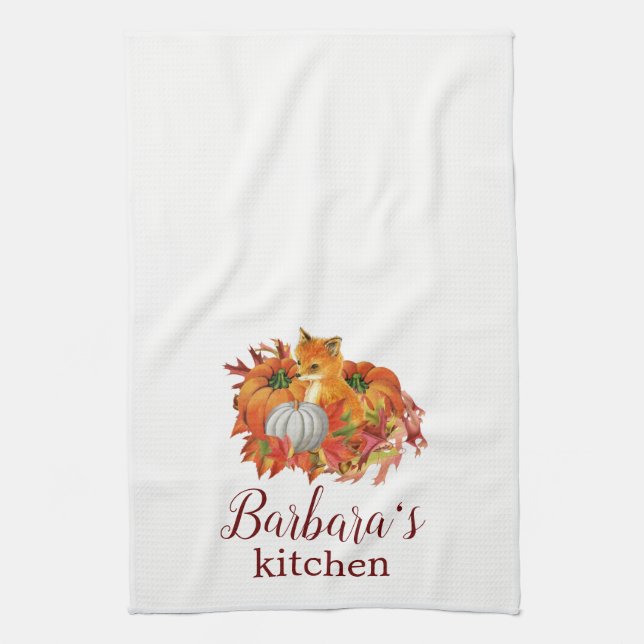 Autumn Fox Pumpkins Personalized Kitchen Towel (Vertical)
