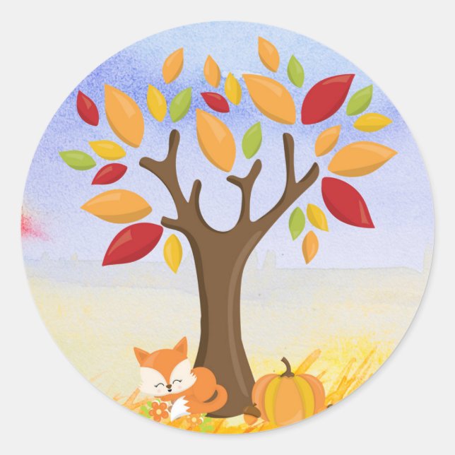 Autumn Fox with Pumpkin Classic Round Sticker (Front)