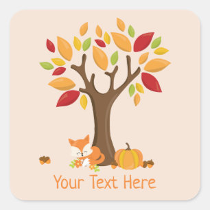 Autumn Fox with Pumpkin Custom Text Square Sticker