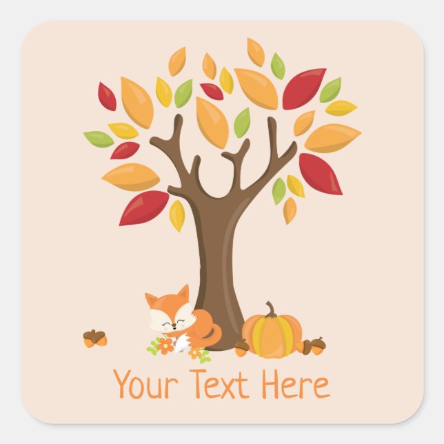 Autumn Fox with Pumpkin Custom Text Square Sticker (Front)