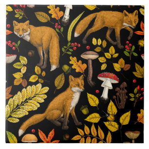 Autumn foxes on black ceramic tile
