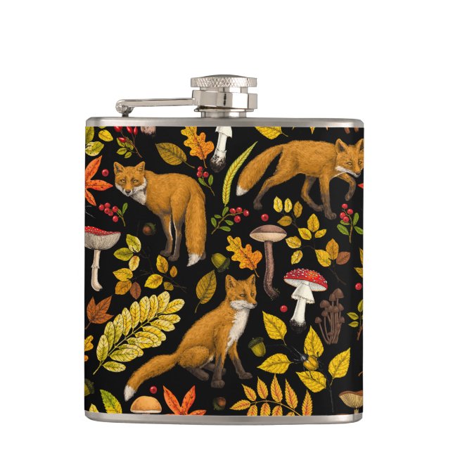 Autumn foxes on black hip flask (Front)