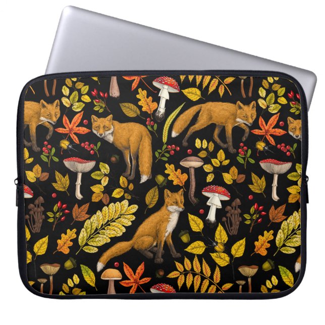 Autumn foxes on black laptop sleeve (Front)