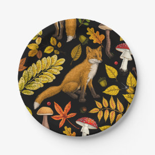 Autumn foxes on black paper plate