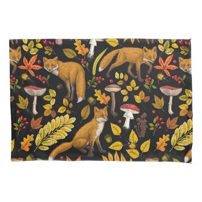 Autumn foxes on black pillowcase (Front-Left)