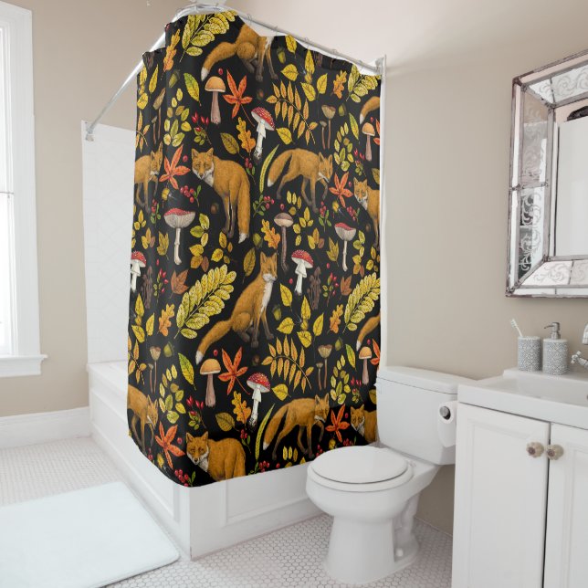 Autumn foxes on black shower curtain (In Situ)