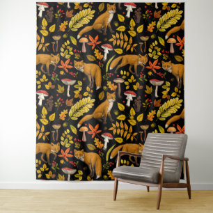 Autumn foxes on black tapestry