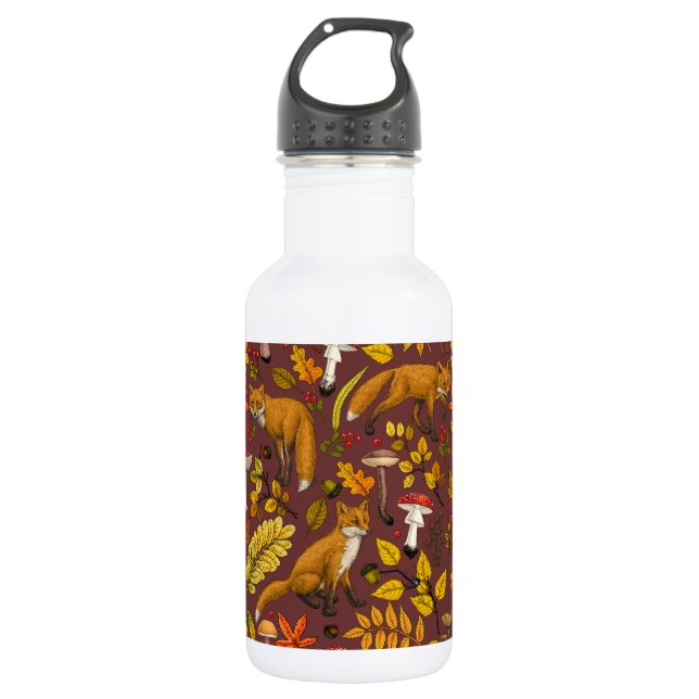 Autumn foxes on chocolate brown 532 ml water bottle (Front)