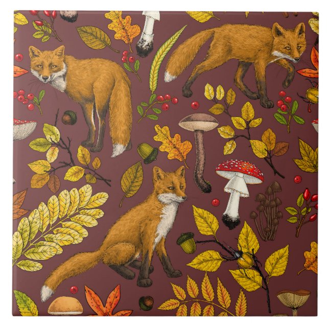 Autumn foxes on chocolate brown ceramic tile (Front)