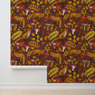 Autumn foxes on chocolate brown wallpaper