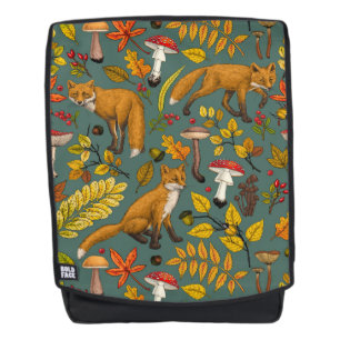 Autumn foxes on pine green backpack