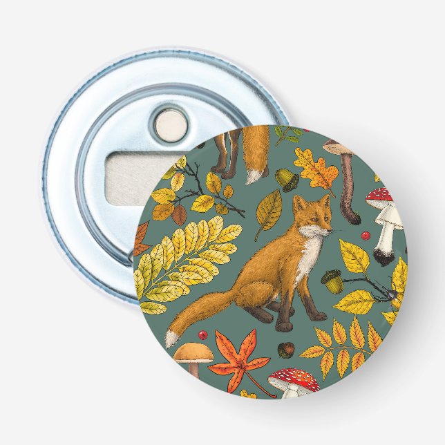 Autumn foxes on pine green bottle opener (Front)
