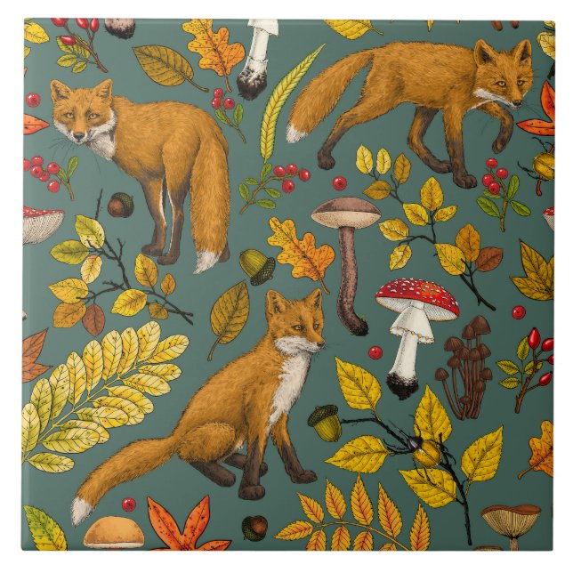 Autumn foxes on pine green ceramic tile (Front)